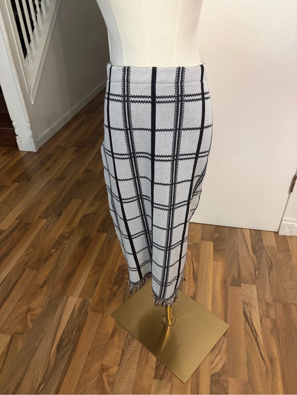 Black & White Windowpane Plaid Sweater Midi Skirt - Fringe, Medium, NWT